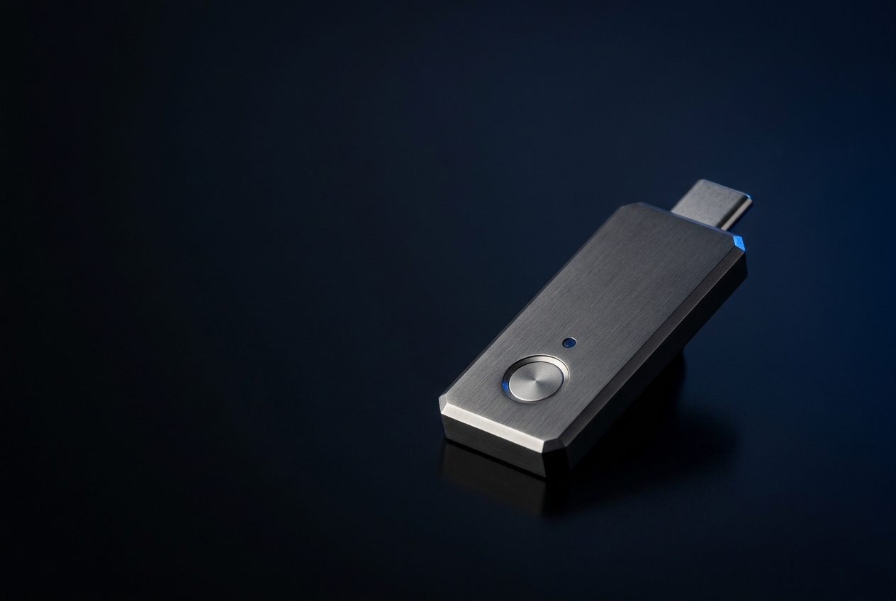 Premium hardware security key with brushed titanium body, USB-C connector, and small sapphire LED indicator