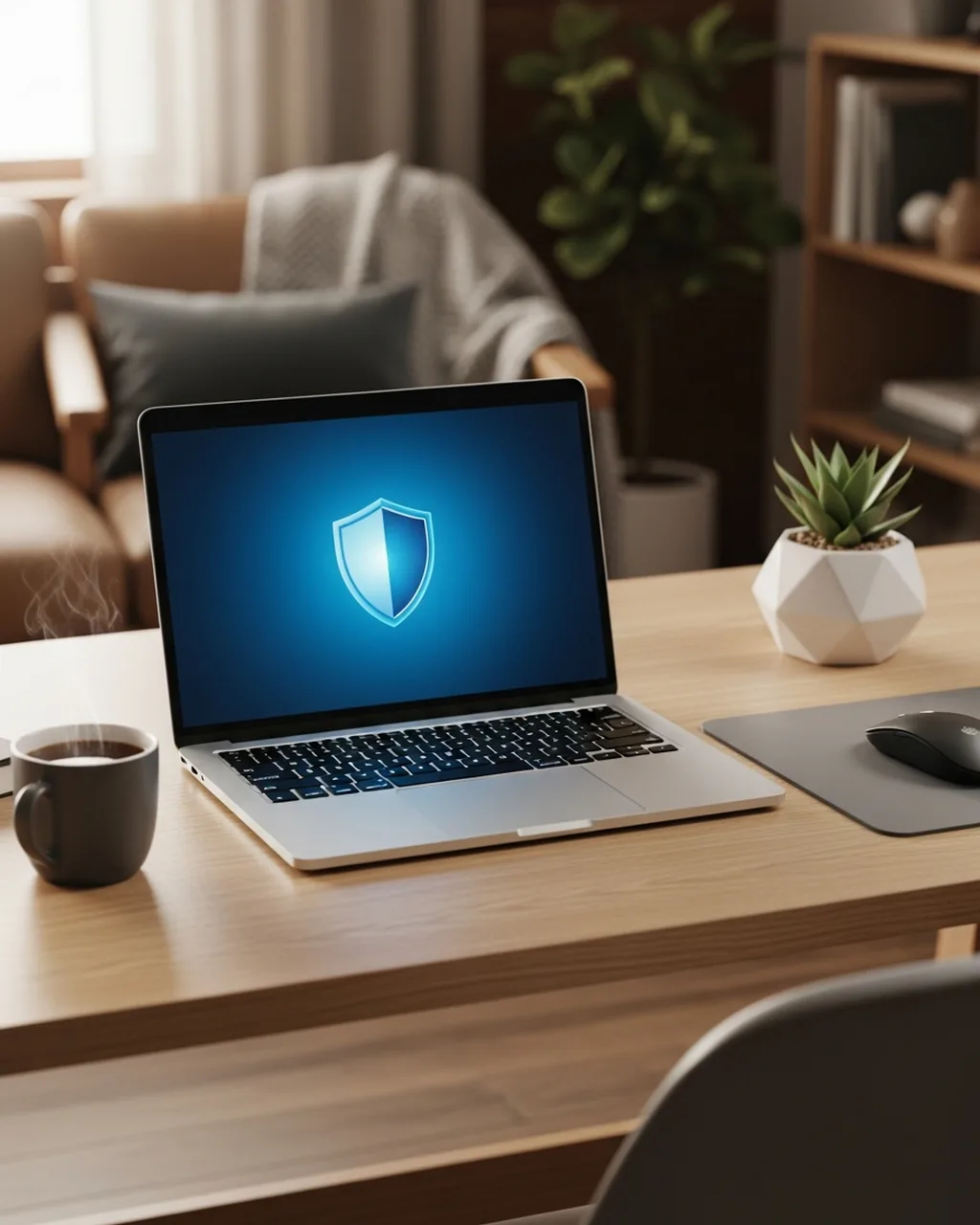 Laptop on a home office desk displaying a glowing shield icon, representing PacketMoat home network security