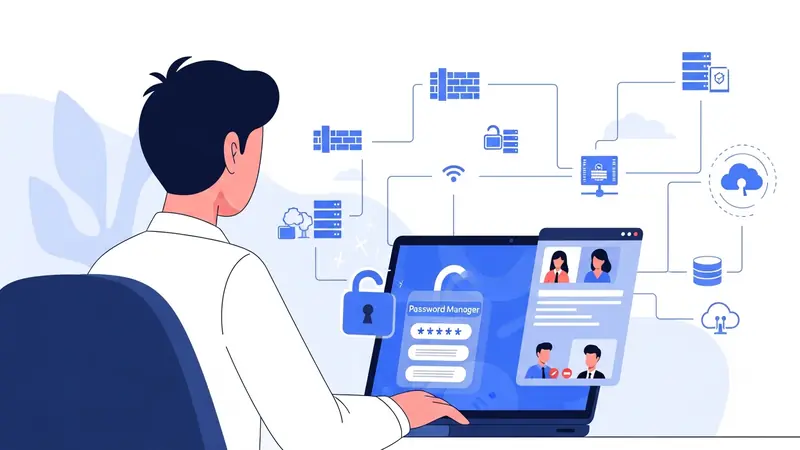 remote team member using password manager on laptop during video call