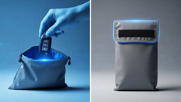 hand placing car key fob into faraday bag and sealing velcro closure