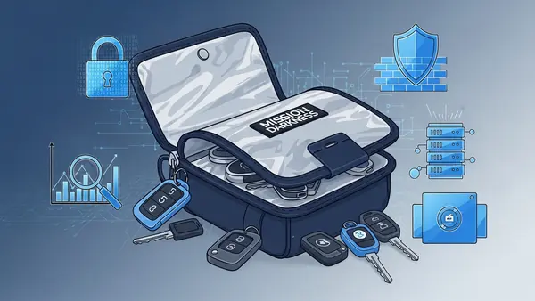 Mission Darkness faraday bag with multiple key fobs and dual-layer construction visible