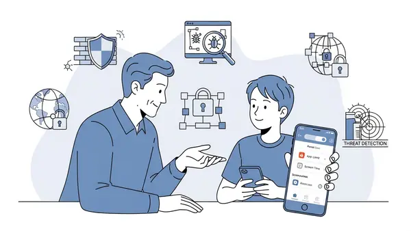 parent and teenager having conversation about phone usage with parental control app visible on screen