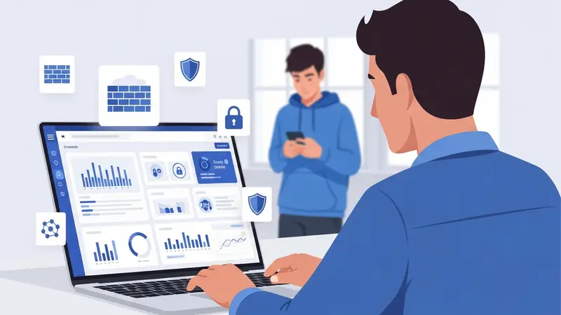 parent reviewing parental control app dashboard on laptop while teenager uses phone in background