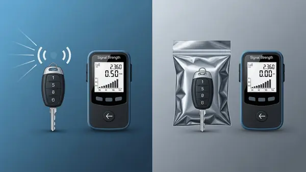 signal strength meter showing zero RF emissions from key fob inside faraday bag