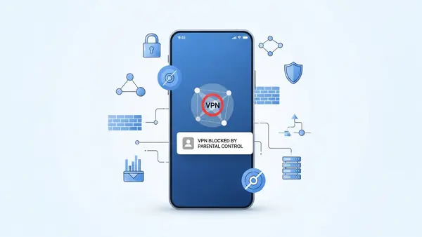 smartphone screen showing VPN being blocked by parental control app with notification