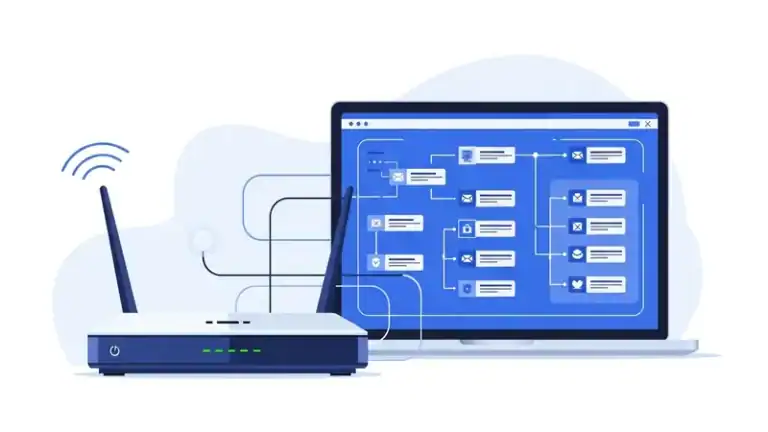 home router with firewall configuration screen displayed on laptop