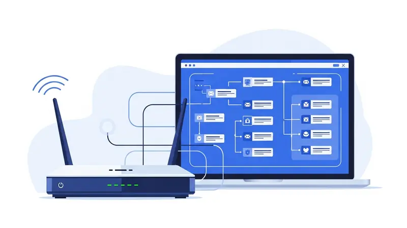home router with firewall configuration screen displayed on laptop