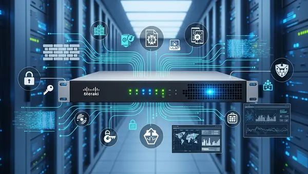 Cisco Meraki MX68 cloud-managed security appliance with status LEDs in server room