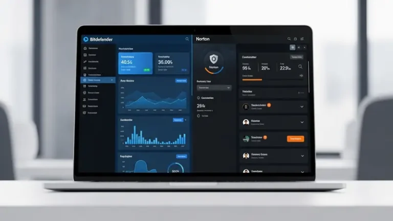 bitdefender and norton antivirus software running side by side on laptop screens showing dashboard interfaces