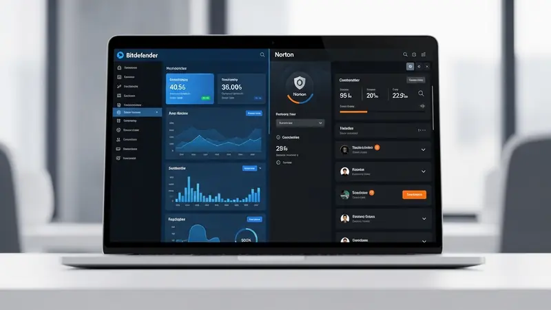 bitdefender and norton antivirus software running side by side on laptop screens showing dashboard interfaces