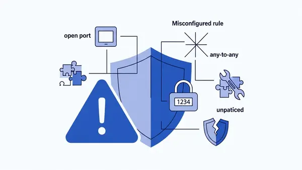 warning symbol with common firewall misconfigurations displayed on screen