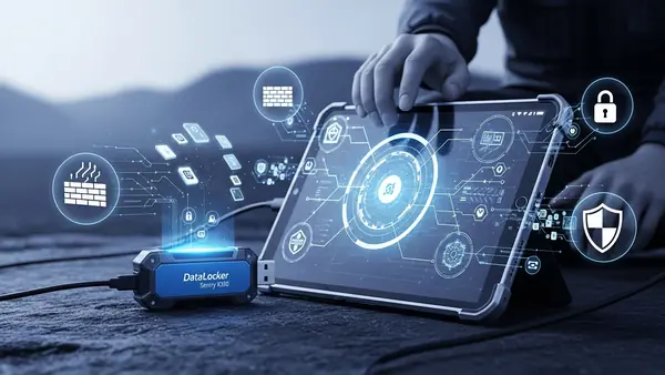 DataLocker Sentry K350 rugged encrypted USB drive being used in outdoor field work environment