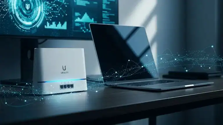 ubiquiti dream router on desk next to laptop in home office setup