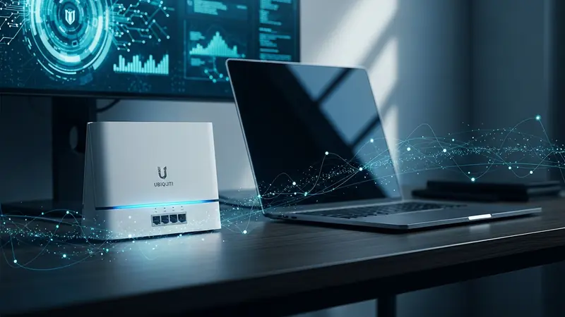 ubiquiti dream router on desk next to laptop in home office setup