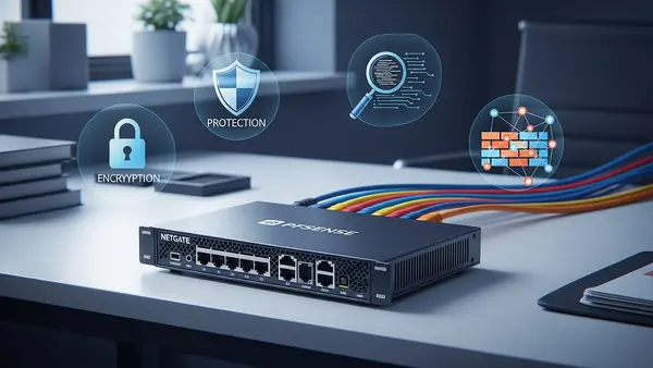 Netgate pfSense 2100 router compact form factor on office desk with ethernet cables