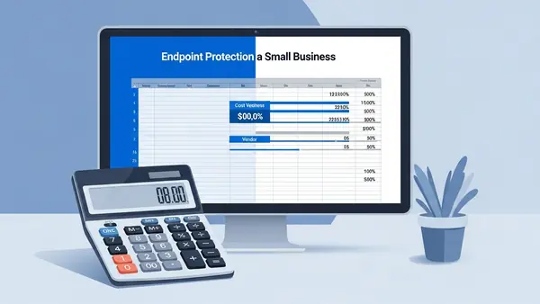 calculator and budget spreadsheet showing endpoint protection cost comparison for small business
