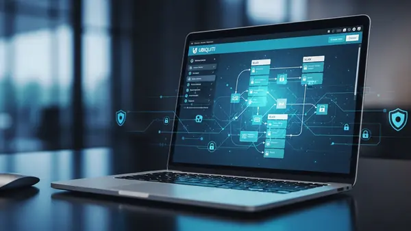 ubiquiti unifi network controller showing multiple VLANs and network segments on laptop screen