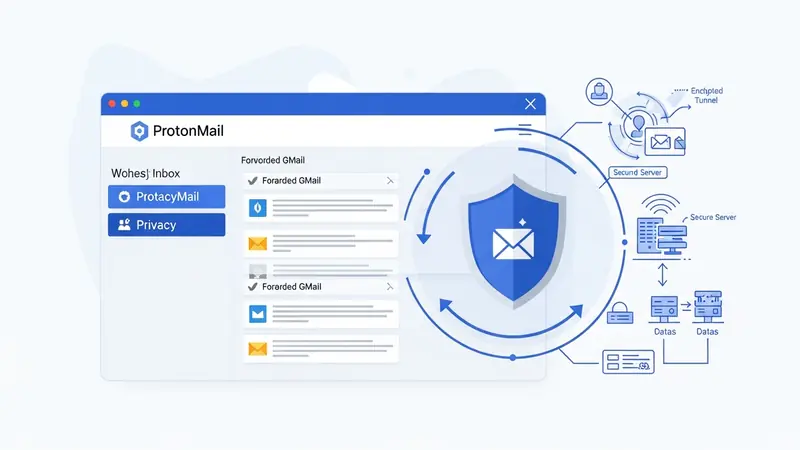 ProtonMail inbox interface showing forwarded Gmail messages with privacy shield icon