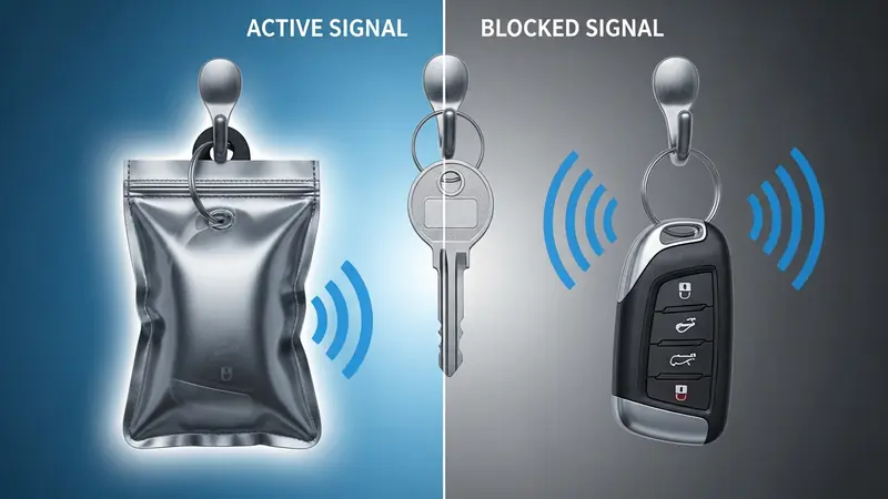 car key fob inside faraday bag next to regular key hook showing signal blocking comparison