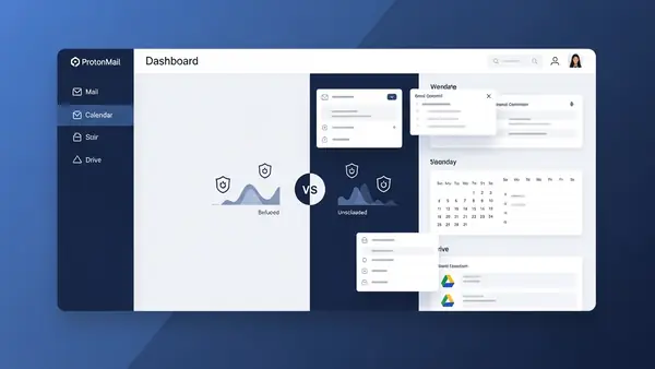 ProtonMail business dashboard showing email, calendar, and drive integration