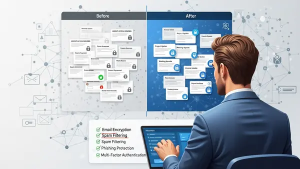 business owner reviewing email security options on laptop with security checklist