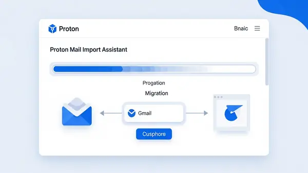 Proton Mail Import Assistant interface showing Gmail migration progress bar