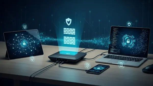 home office desk setup with ubiquiti dream router connected to laptop and multiple devices