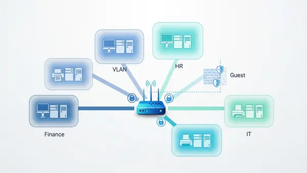 network diagram showing segmented business network with separated VLANs for different departments