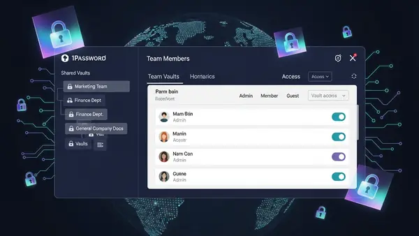 1Password business dashboard showing team member access controls and shared vault organization