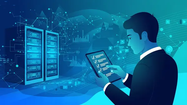 business professional reviewing security checklist on tablet with network infrastructure in background