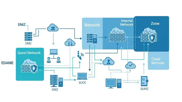 network diagram showing segmented business network with firewall separating different zones