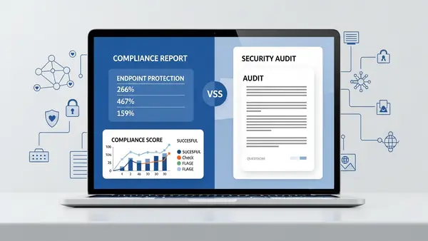 compliance report and security audit documentation on laptop screen with endpoint protection metrics