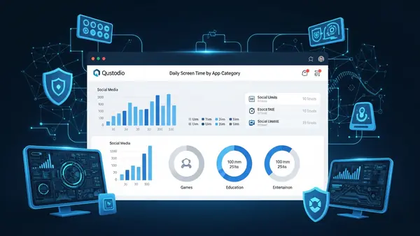Qustodio dashboard showing daily screen time breakdown by app category with time limit settings
