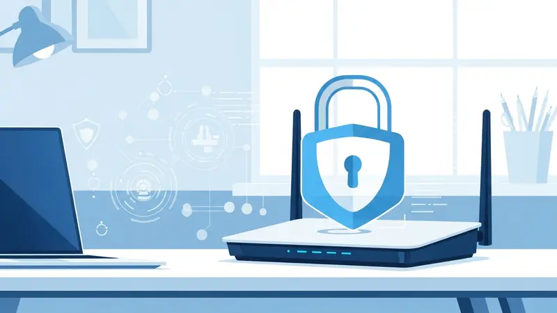 modern home wifi router with security lock icon overlay on home office desk