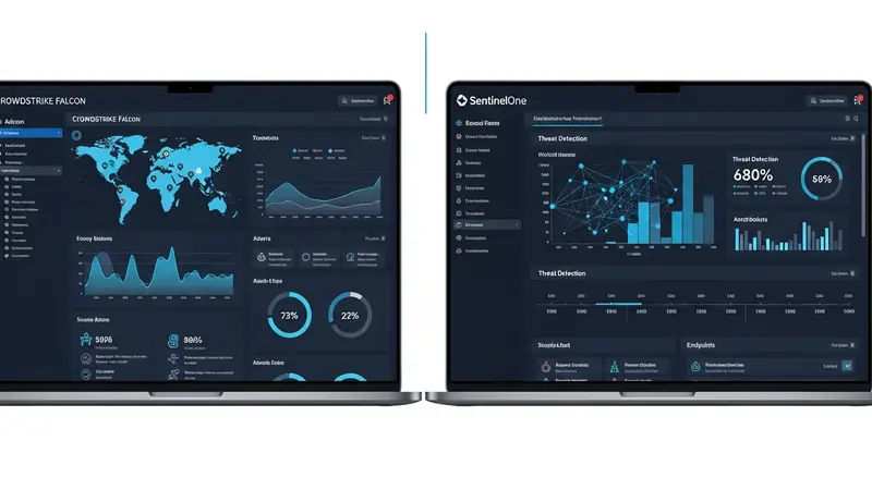 side by side comparison of CrowdStrike Falcon and SentinelOne endpoint protection dashboards on laptop screens
