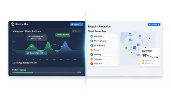 SentinelOne console showing automated threat rollback and endpoint protection status for small business network