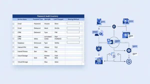 spreadsheet showing password audit inventory with service names and sharing methods