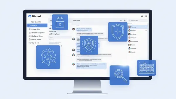 Discord server interface showing text channels, voice channels, and member list on desktop