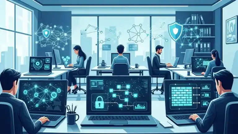 small business office with employees working on laptops showing network security concept