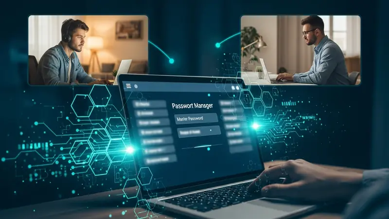 remote team members using password manager on laptops in different home office locations