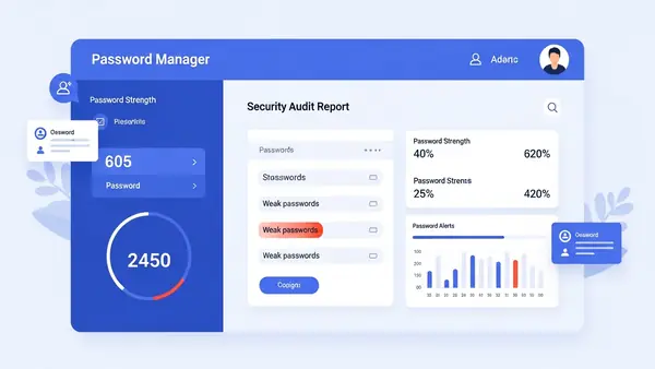password manager admin dashboard showing security audit report with weak passwords highlighted