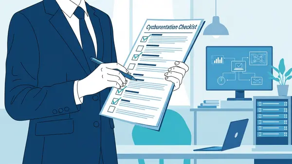 business owner checking off items on printed cybersecurity implementation checklist