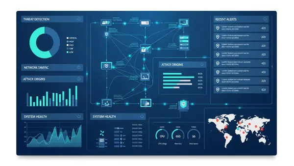 security operations center dashboard showing real-time network monitoring and threat detection