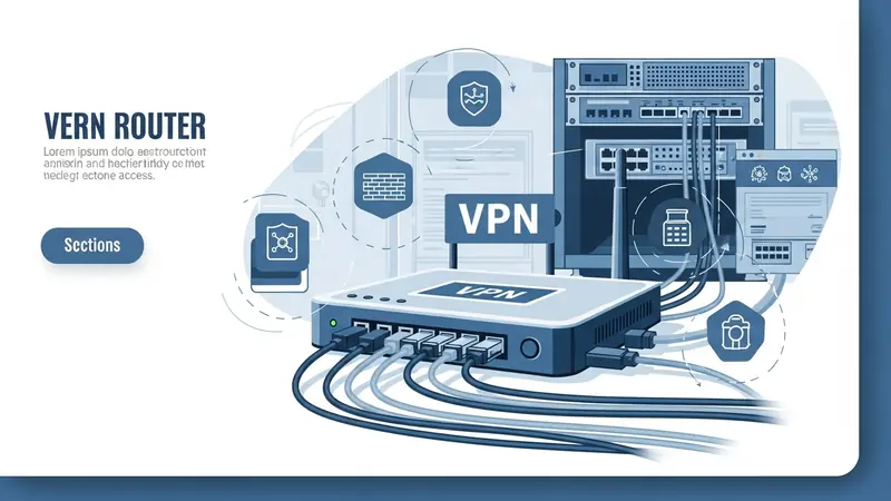 VPN router with multiple ethernet cables connected in small business office network rack
