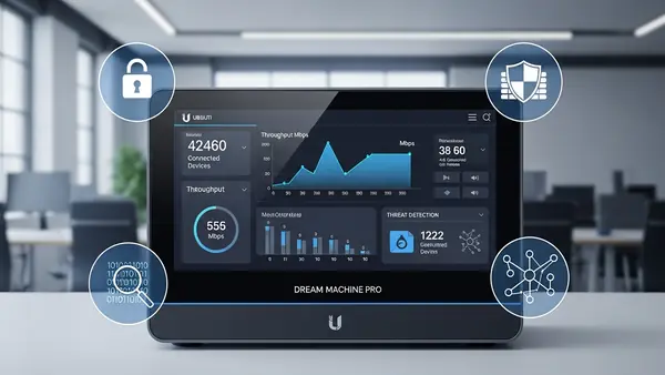 Ubiquiti Dream Machine Pro front panel display showing network traffic statistics in office environment