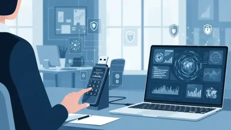 hardware encrypted USB drive with keypad authentication being used in modern office environment