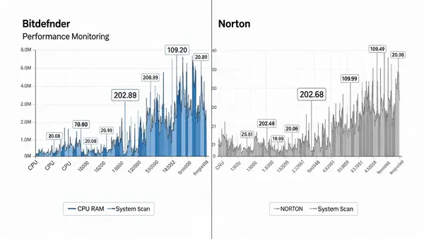 side-by-side performance monitoring graphs showing cpu and ram usage for bitdefender versus norton during system scan
