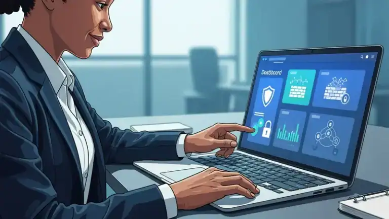 small business owner reviewing cybersecurity dashboard on laptop with security icons displayed