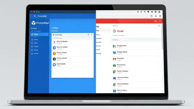 split screen showing ProtonMail and Gmail interfaces side by side on business laptop