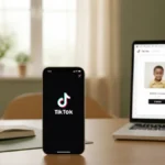 Smartphone showing TikTok app with parental control settings on a warm home office desk